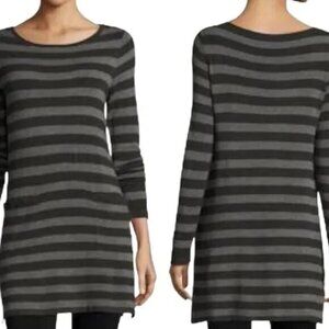 EILEEN FISHER Women Tunic Sweater Pullover Long Sleeve Stripe Sz L Gray Casual